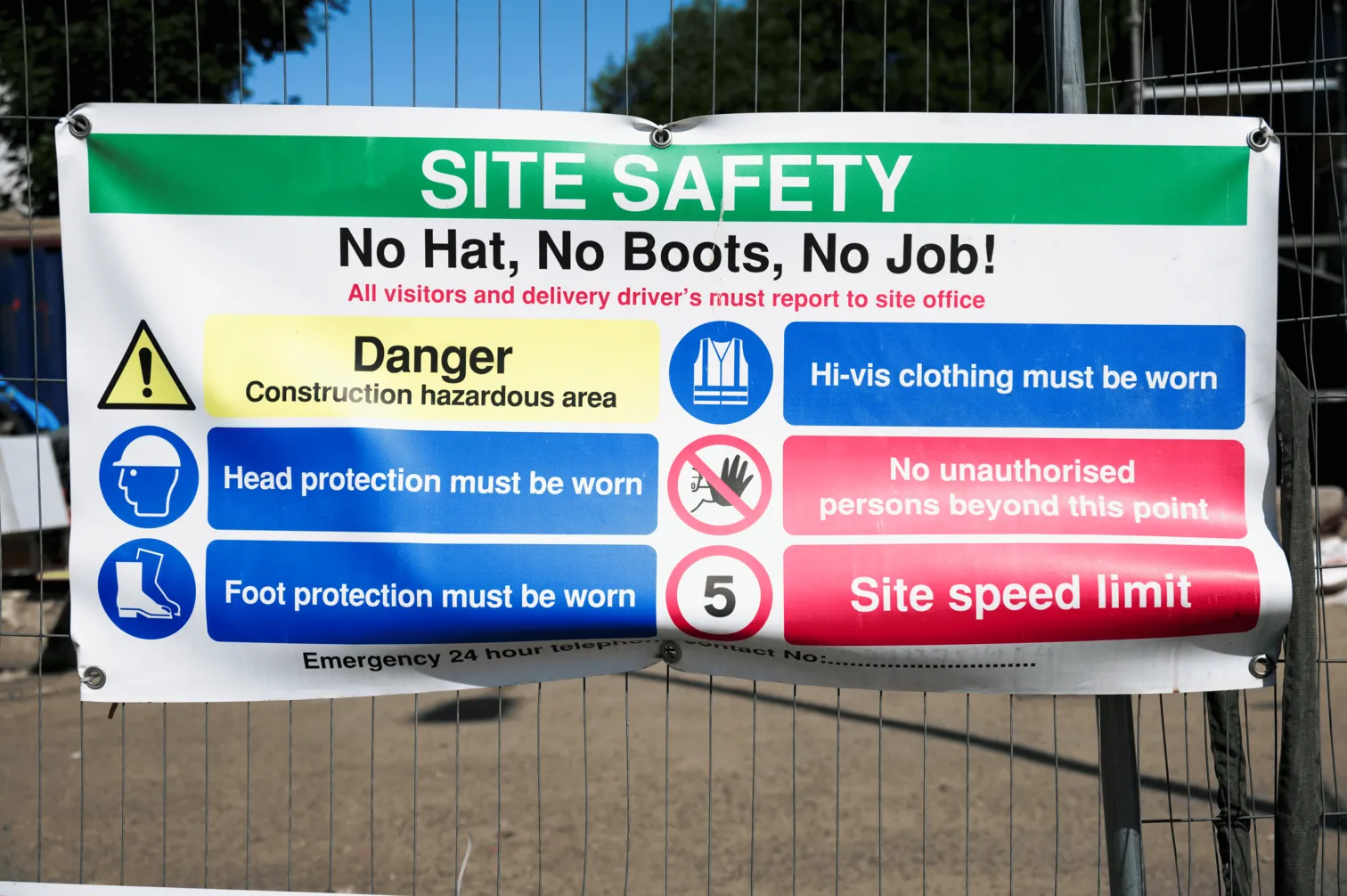 Construction site safety sign with hard hat and hi-vis requirements