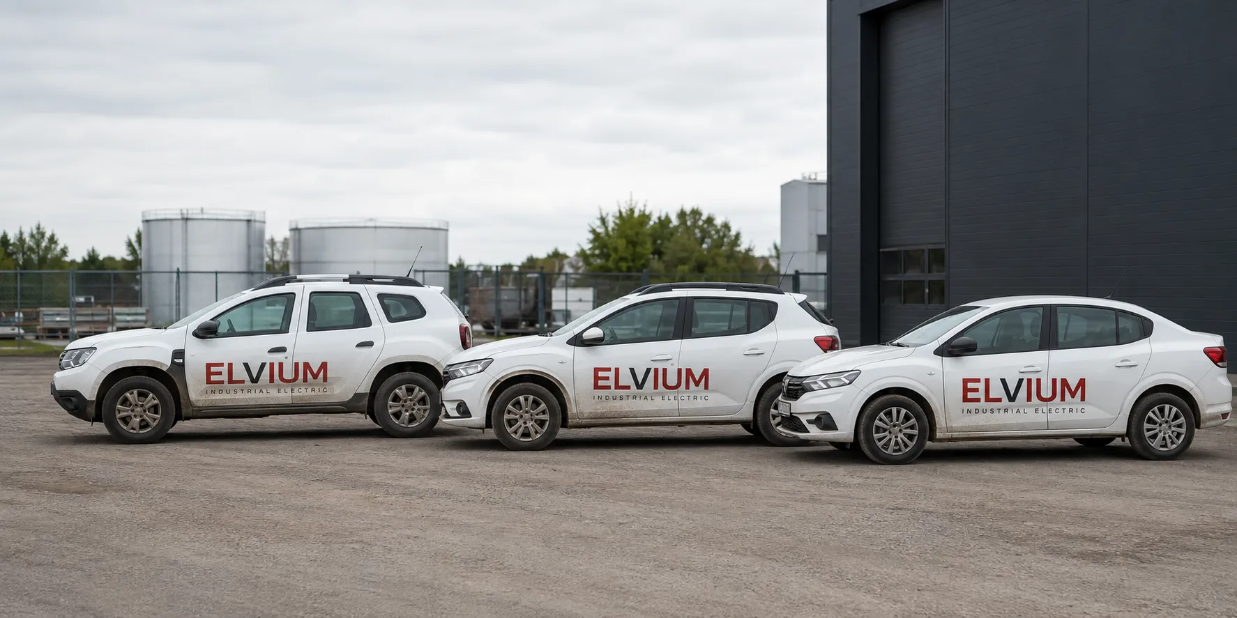 Elvium Industrial Electric branded service vehicles parked at facility